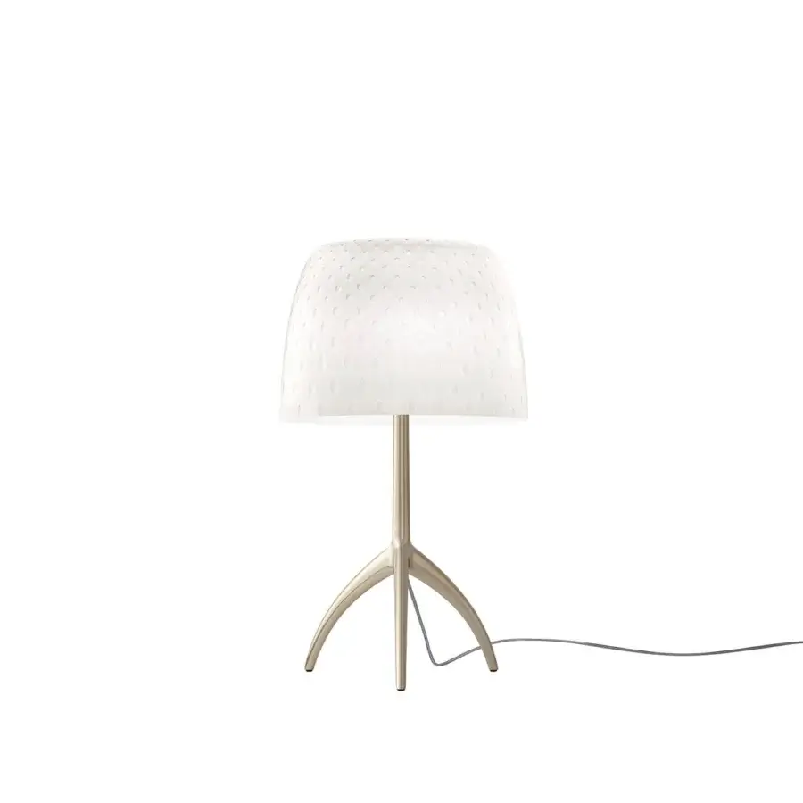 Foscarini Lumiere table lamp, white glass, perforated shade with brushed metal tripod base and slender cylindrical stem.