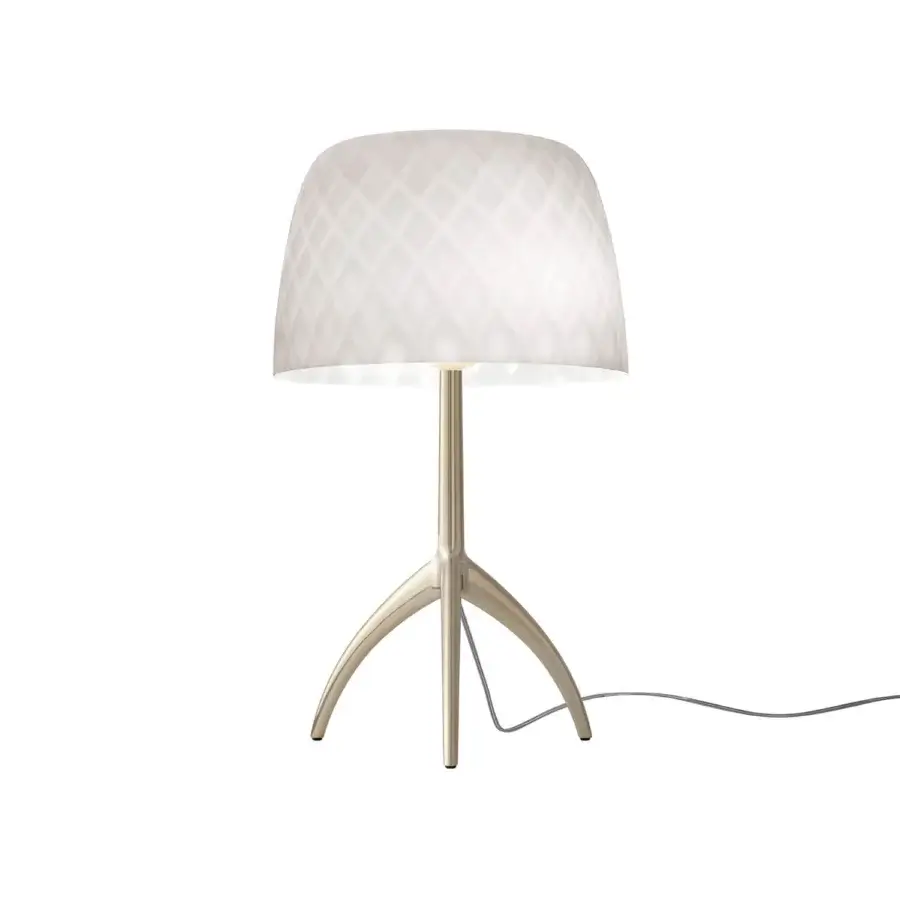 Foscarini Lumiere table lamp, translucent white polycarb shade, diamond texture, brushed metal tripod base, minimalist modern design.