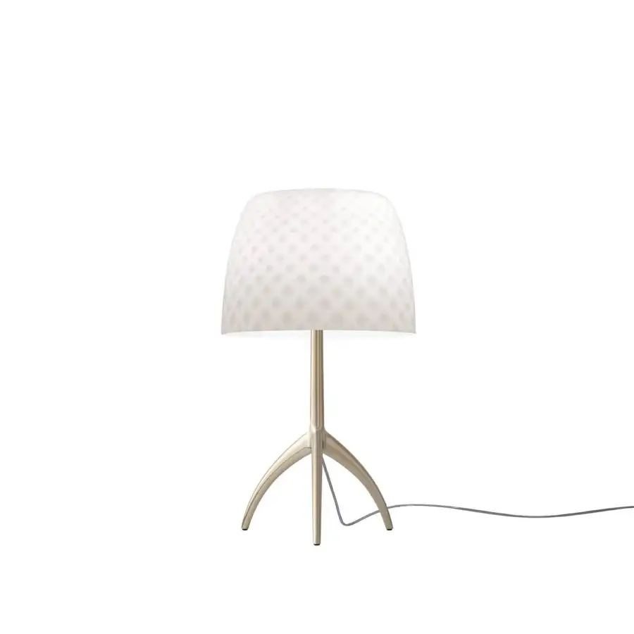 Foscarini Lumiere table lamp, off-white, dimpled conical shade with brushed metal stem and tripod base, minimalist design.