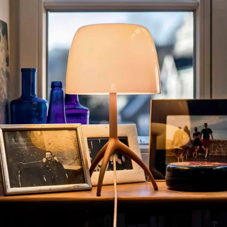 Distinguished Foscarini Lumiere Nuances lamp with glossy cased glass diffuser and matt liquid coated aluminum tripod base