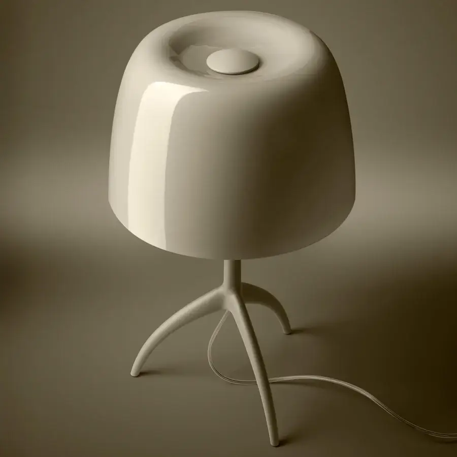 Superior Foscarini Lumiere Nuances lamp with glossy light cream cased glass diffuser and matt liquid coated aluminum tripod base