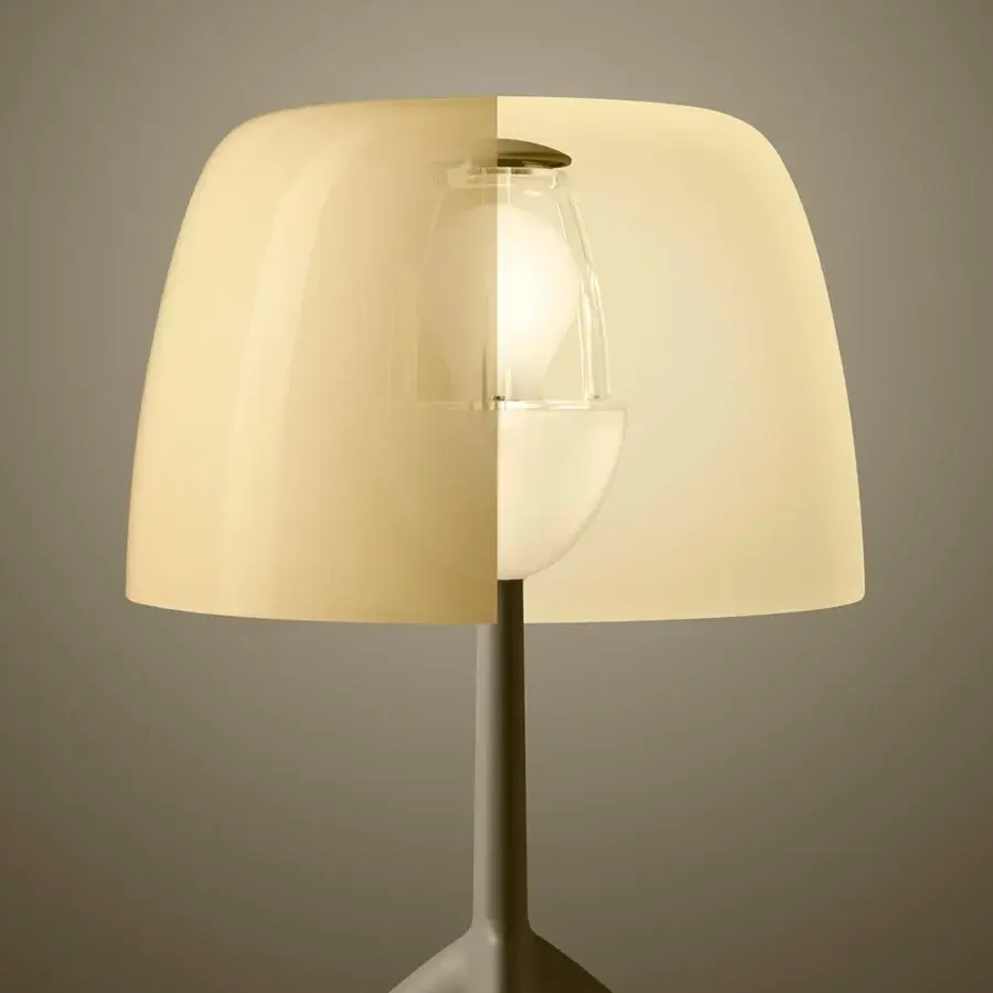 Exceptional Foscarini Lumiere Nuances lamp with glossy cased glass diffuser and muted grey liquid coated aluminum tripod base