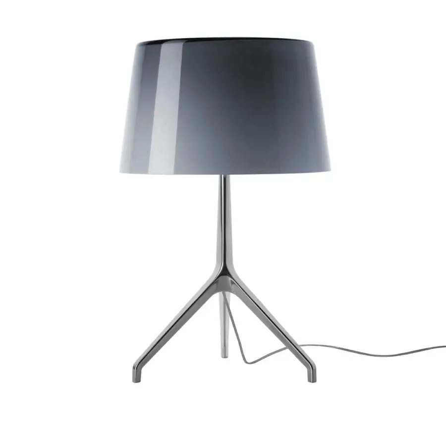 Foscarini Lumiere Table Lamp XXL, gray aluminum, large conical shade with tripod base and glossy gradient finish.