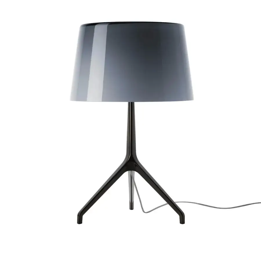Foscarini Lumiere Table Lamp XXL, gray translucent shade, black metal tripod base, minimalist modern design, studio lighting.