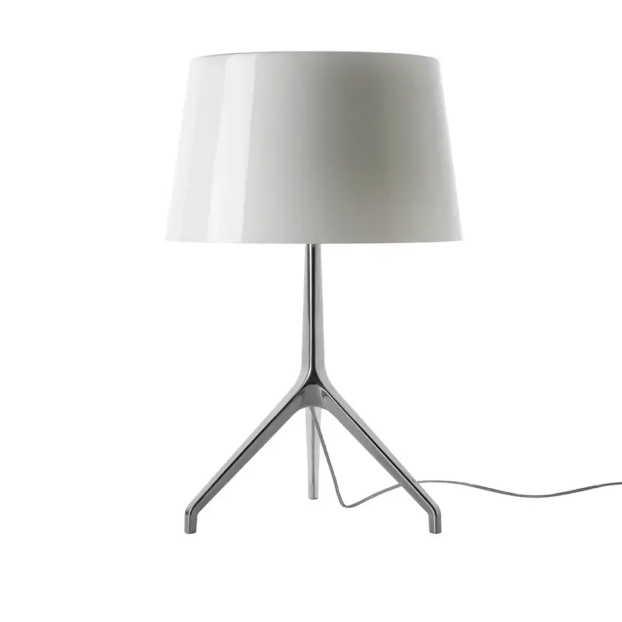 Foscarini Lumiere Table Lamp XXL, white aluminum, large cylindrical shade with tripod legs and polished reflective finish.