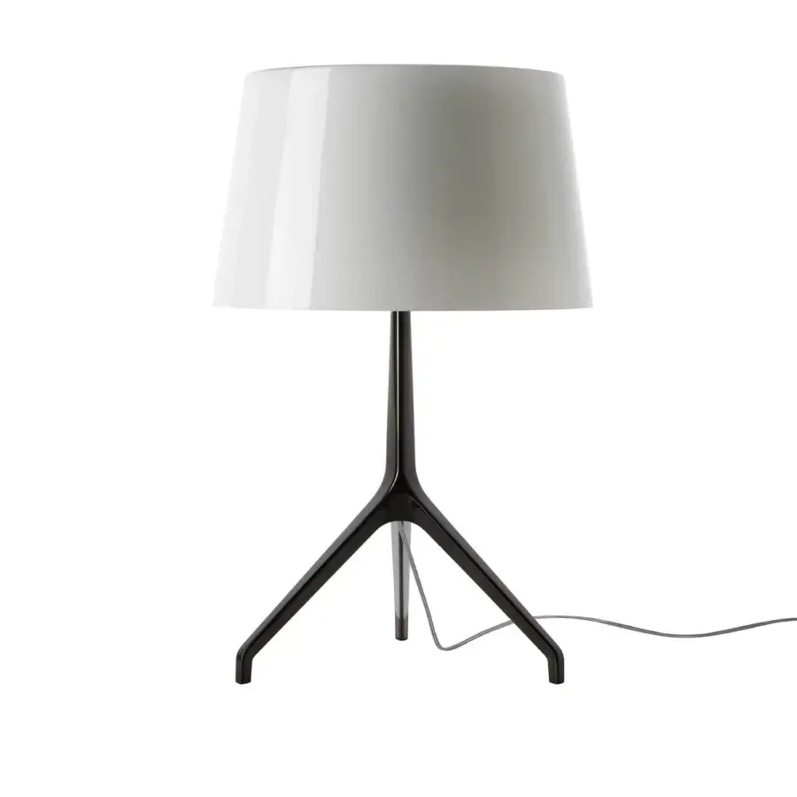 Foscarini Lumiere Table Lamp XXL, white and black, large conical shade with black tripod base, minimalist modern design.