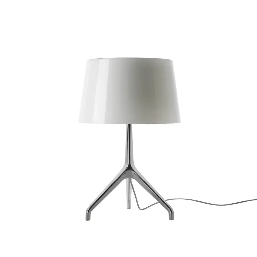 Foscarini Lumiere Table Lamp XXS in white aluminum, cylindrical shade, polished aluminum tripod base, minimalist modern design.
