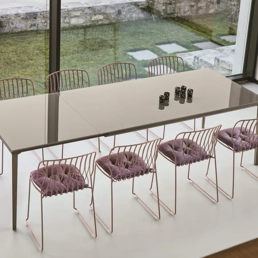 Distinguished Bontempi Echo extendable table with a glossy painted metal tabletop and neutral matte finish frame