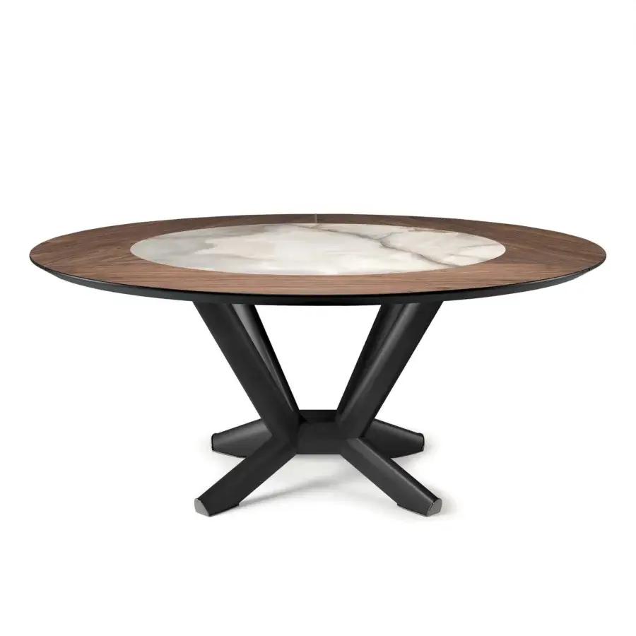Exceptional Cattelan Italia Planer Ker-Wood round table with warm-toned wood and swirling cream-brown ceramic insert in matte metal base