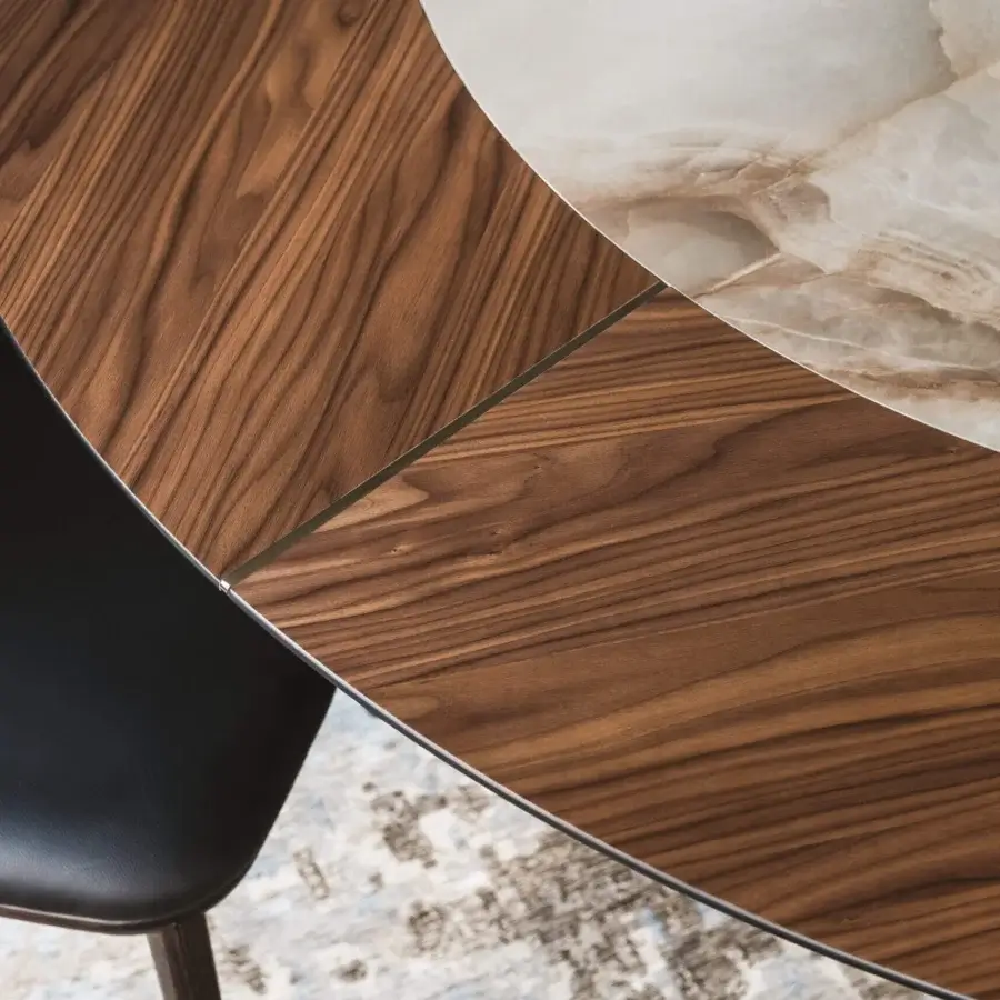 Distinctive Cattelan Italia Planer Ker-Wood round table with marbled ceramic insert and dark wood crafted with a refined grain pattern