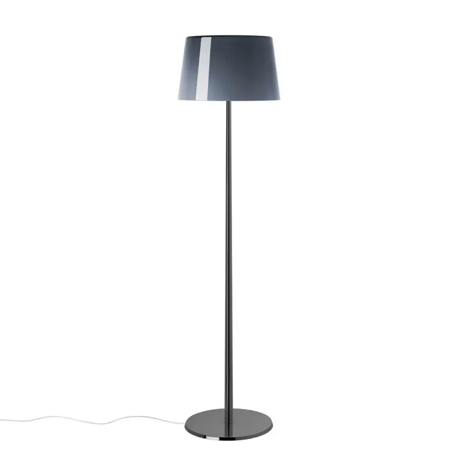 Foscarini Lumiere floor lamp, black metal stem, gray cylindrical lampshade with chrome trim, minimalist modern design, studio shot.