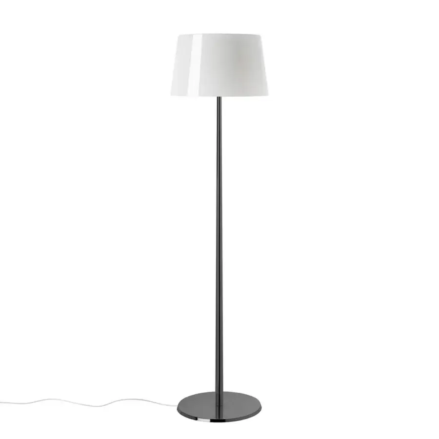 Foscarini Lumiere floor lamp, black metal stem, matte white conical shade, chrome accents, minimalist design, studio product shot.