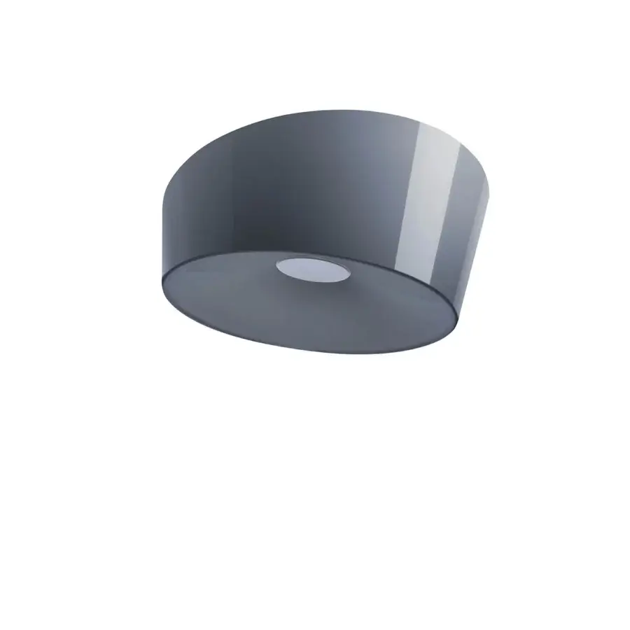 Foscarini Lumiere ceiling lamp, gray metal, cylindrical layered shade with vertical reflective stripe and matte finish.