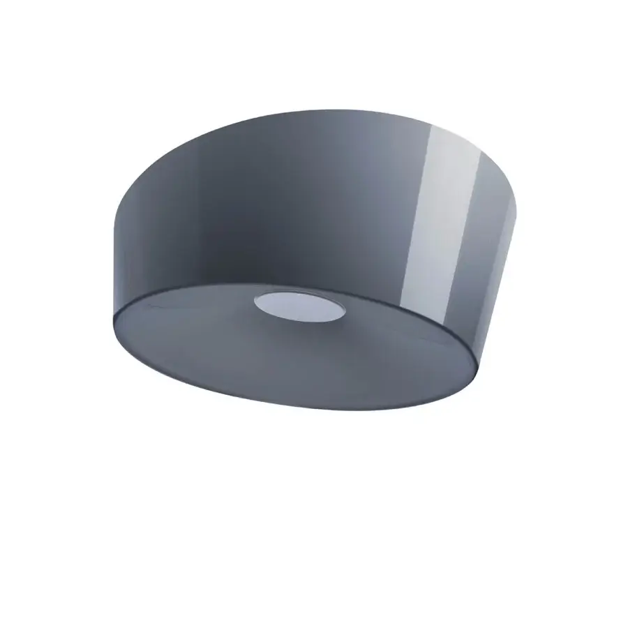 Foscarini Lumiere ceiling lamp, gray finish, cylindrical shape with angled rim and circular base, studio product shot.