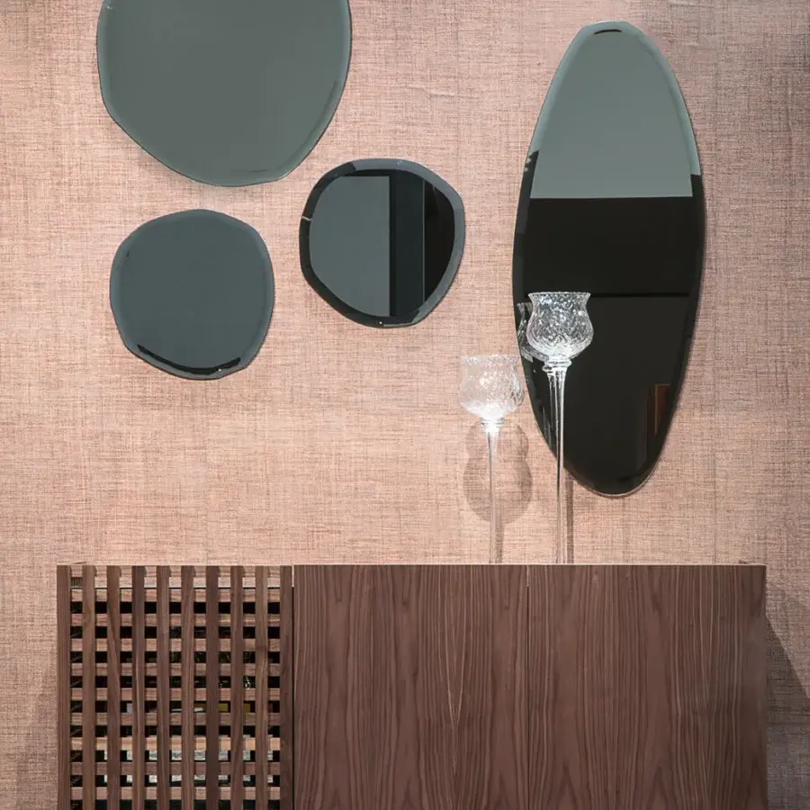 Distinguished Pacini & Cappellini Aurora sideboard with alternating solid wood and grid doors in a medium-toned brown finish and graphite metal base