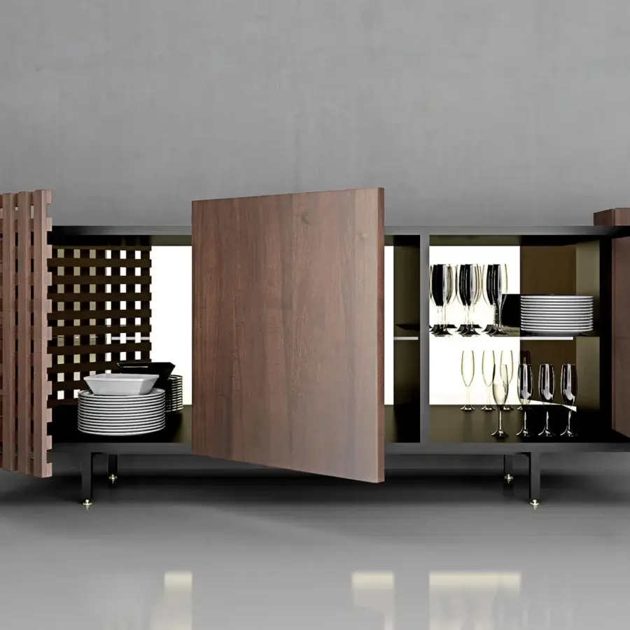 Distinguished Pacini & Cappellini Aurora sideboard with alternating solid wood and grid doors in matte black lacquer and graphite metal with brass details