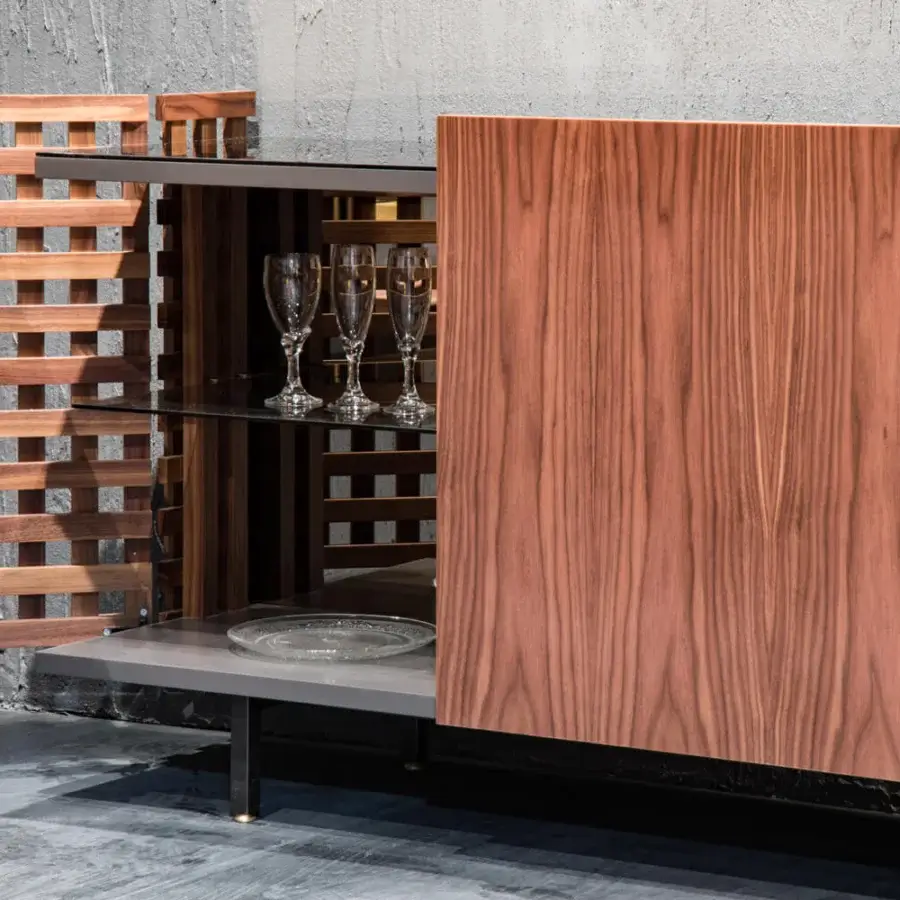 Exclusive Pacini & Cappellini Aurora sideboard with alternating solid wood doors and graphite metal base crafted in medium-toned brown wood
