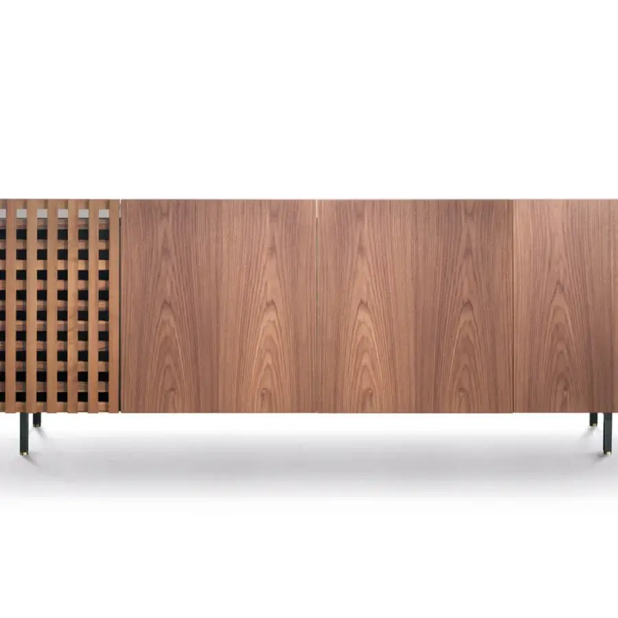 Exceptional Pacini & Cappellini Aurora sideboard crafted with alternating solid wood and grid doors in a medium-toned brown finish with graphite metal and brass details