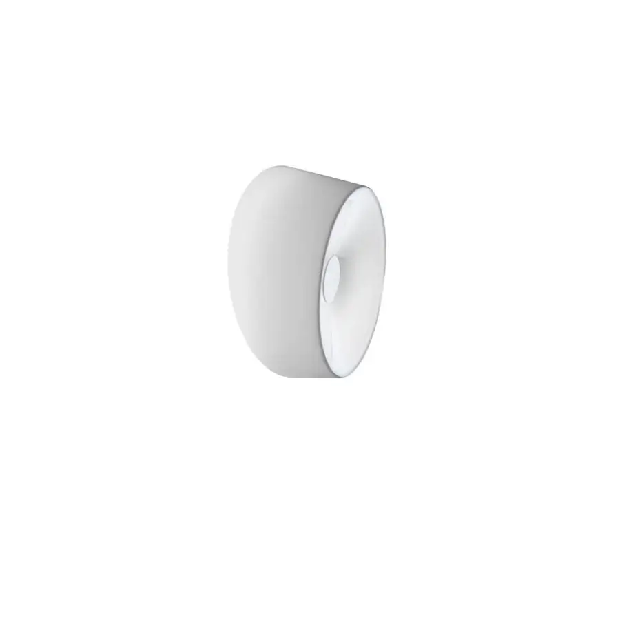 Lumiere Wall Lamp, white, cylindrical body with flared circular opening, matte finish, minimalist modern design, studio shot.