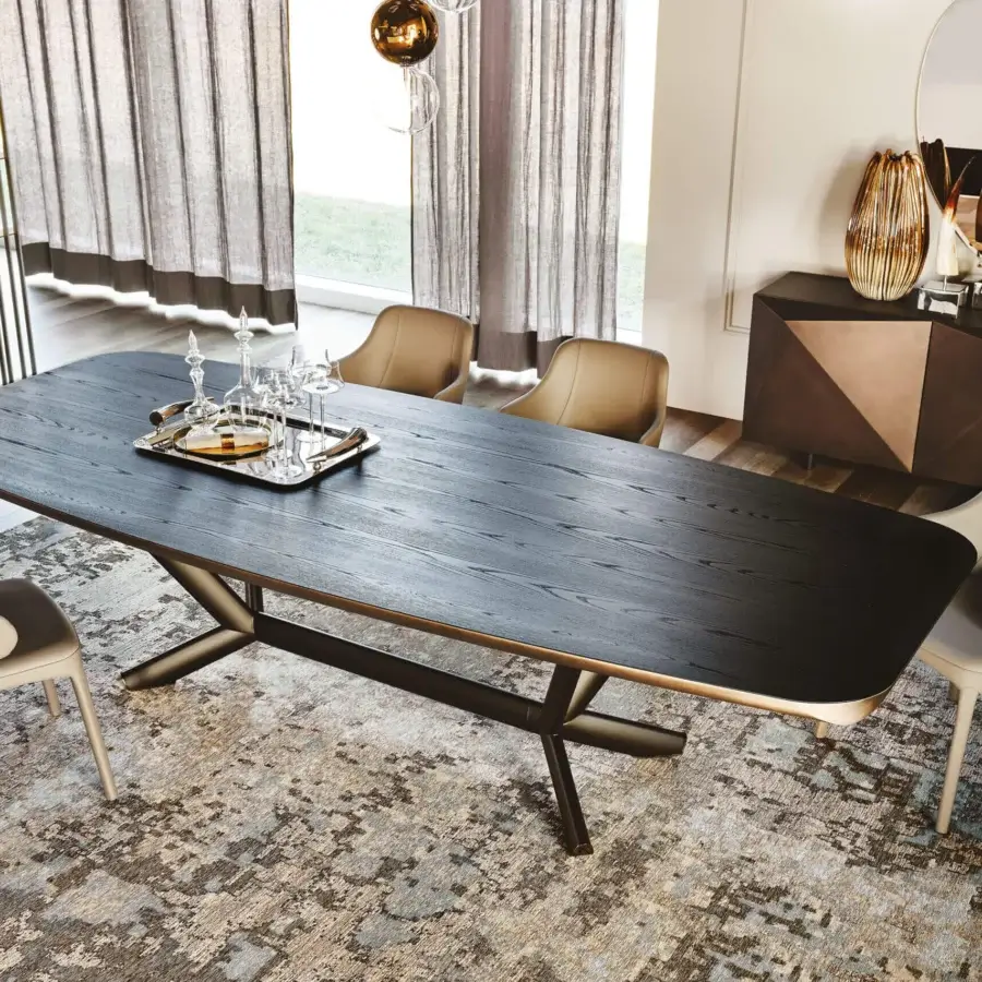 Elegant Cattelan Italia Planer Wood table with dark wood barrel top, lighter edge and matte metal X legs