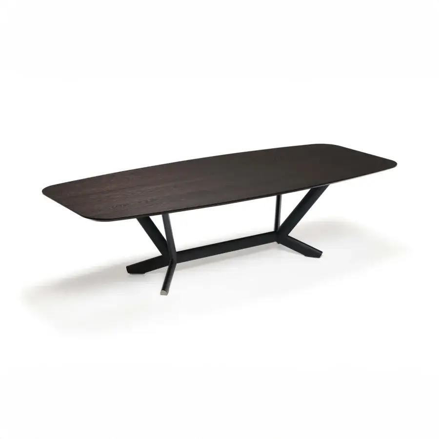 Exceptional Cattelan Italia Planer Wood table with dark stained wooden barrel top and sleek dark steel X base