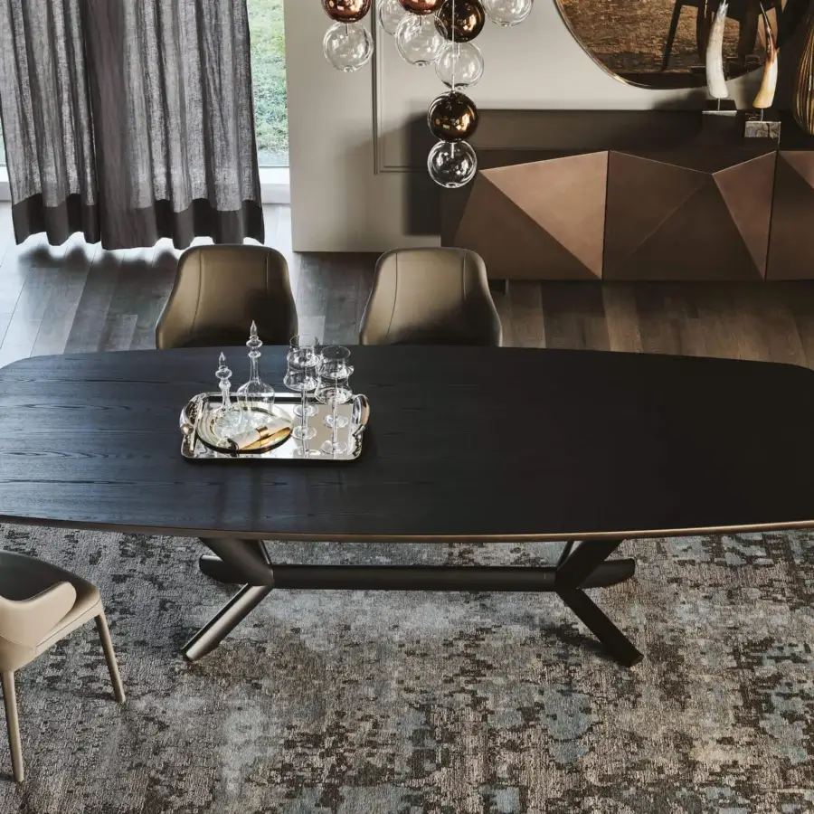Sophisticated Cattelan Italia Planer Wood table with dark wood barrel top and angled metal trestle base in matte finish