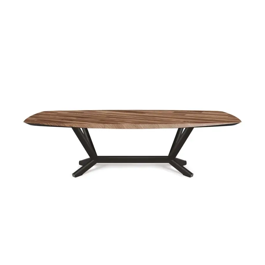 Distinguished Cattelan Italia Planer Wood table with a barrel top exhibiting brown and tan wood grain and a dark angular steel base