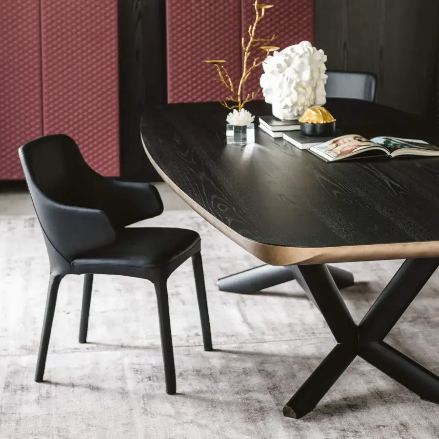 Superior Cattelan Italia Planer Wood table with a barrel top and angled edges in a dark wood-like finish