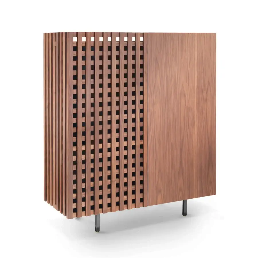 Distinguished Pacini & Cappellini Aurora cupboard with solid wood and grid doors in medium brown finish with graphite metal base and brass details