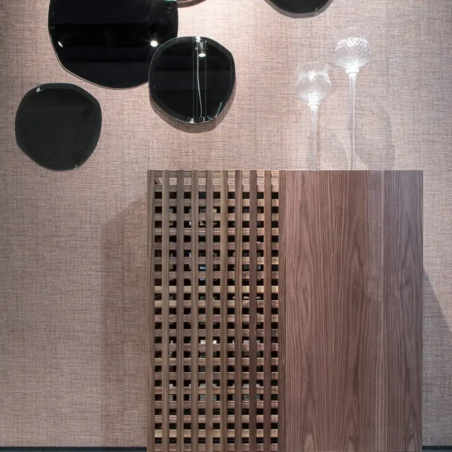 Exceptional Pacini & Cappellini Aurora cupboard with a warm brown finish and decorative grid detailing built with wood and graphite metal accents
