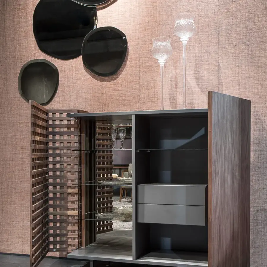 Distinguished Pacini & Cappellini Aurora cupboard with solid wood and grid doors in deep brown, matte finish with brass details