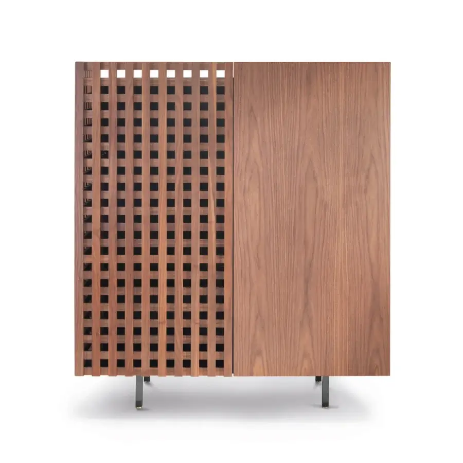 Distinguished Pacini & Cappellini Aurora cupboard with a solid wood and grid door in medium brown matte finish and brass details