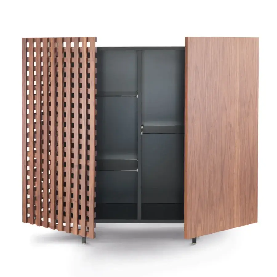 Distinguished Pacini & Cappellini Aurora cupboard with solid wood and graphite metal base, complemented by a matt black lacquered interior