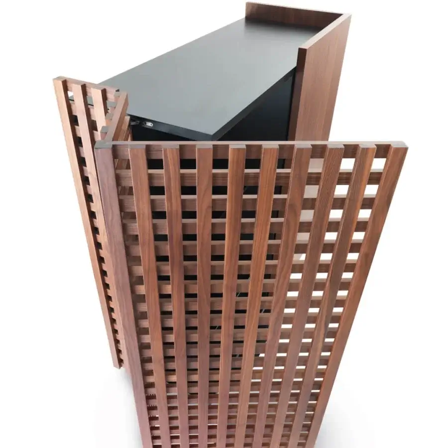 Exceptional Pacini & Cappellini Aurora cupboard with alternating solid wood and grid doors in matt closed-pore black lacquer and graphite metal base