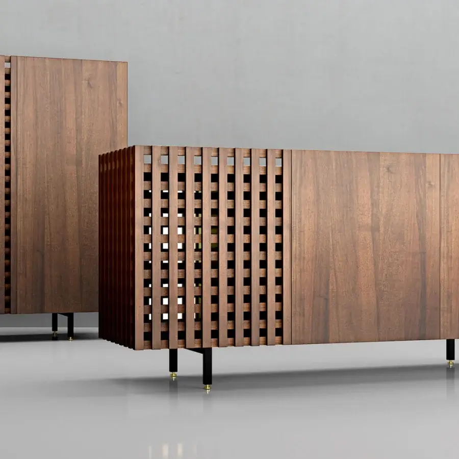 Distinguished Pacini & Cappellini Aurora cupboard with solid wood and textured grid doors in a medium-tone brown stain and graphite metal base