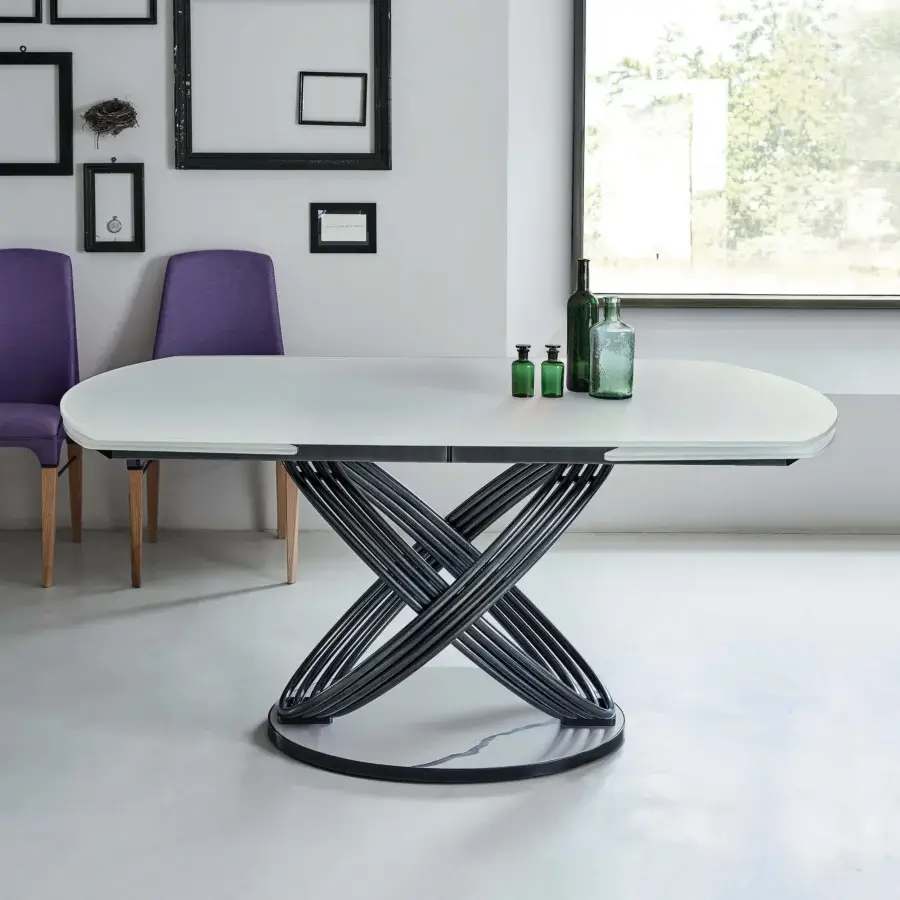 Distinguished Bontempi Fusion Barrel table with white oval top and intersecting dark-toned metal bars built with an extension mechanism