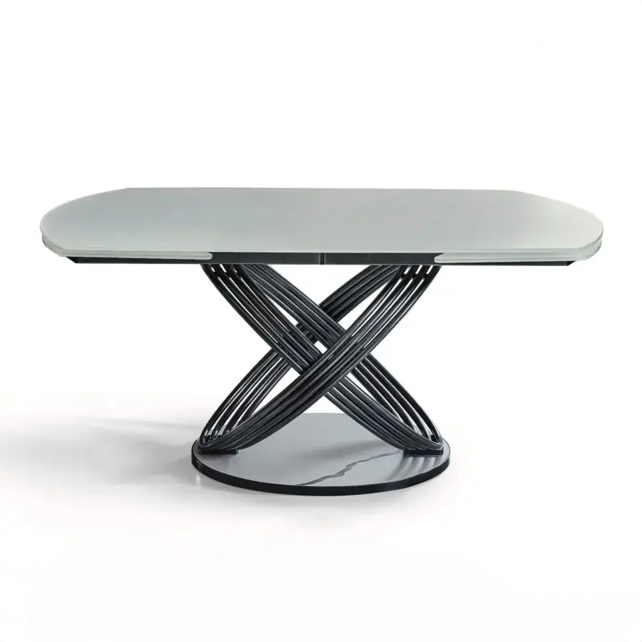 Distinguished Bontempi Fusion Barrel table with rounded rectangular glass top and intersecting black metal rods with white marbled base