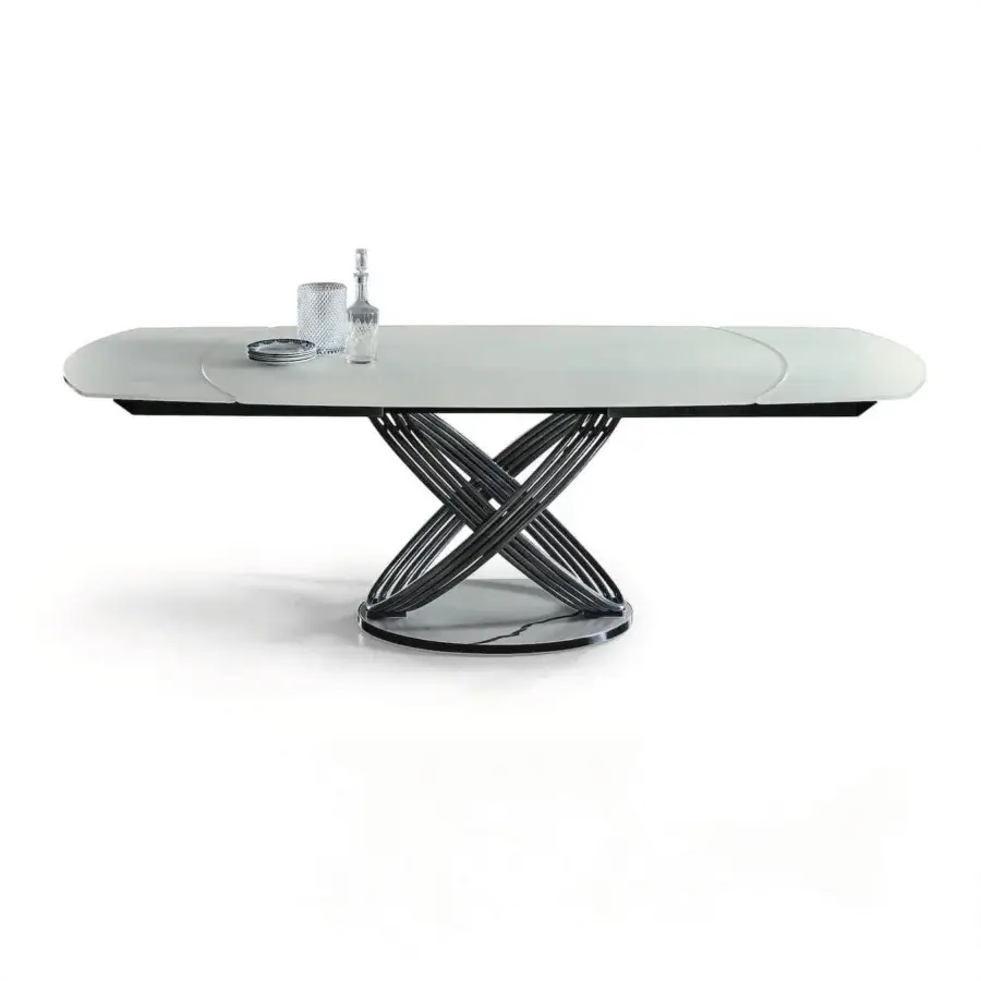 Distinguished Bontempi Fusion Barrel table crafted in Italy with a light-colored top and interwoven black metal rod base
