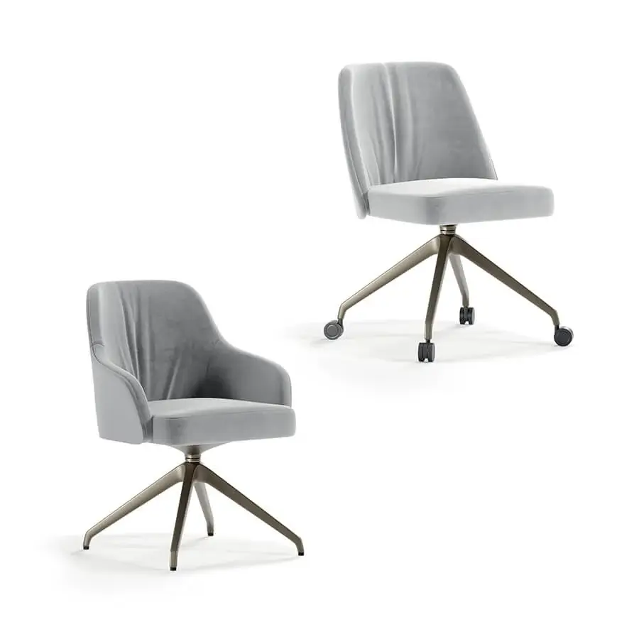 Superior Reflex Comfort chair with wooden structure, padded seat upholstered in smooth matte gray textile and brass-like adjustable base with wheels