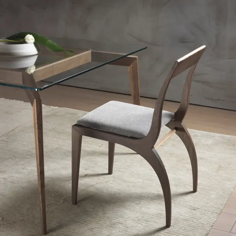 Exceptional Pacini & Cappellini Thelma chair with light gray striped fabric and warm medium brown wooden structure