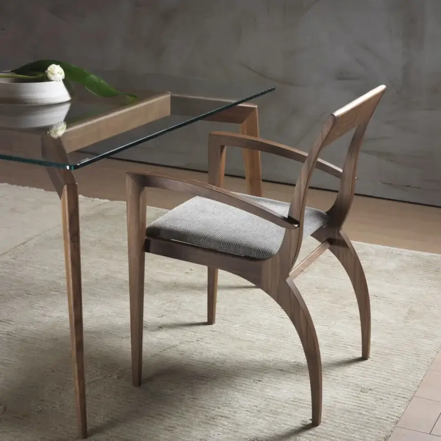 Superior Pacini & Cappellini Thelma chair with light gray fabric upholstery and warm brown finish