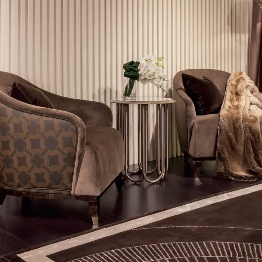 Superior Turri Jolly lounge chair upholstered in matte brown textile with subtly patterned backrest and dark wood trim
