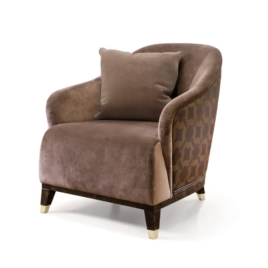 Sophisticated Turri Jolly lounge chair with enveloping lines upholstered in rich brown velvet and geometric textile accents