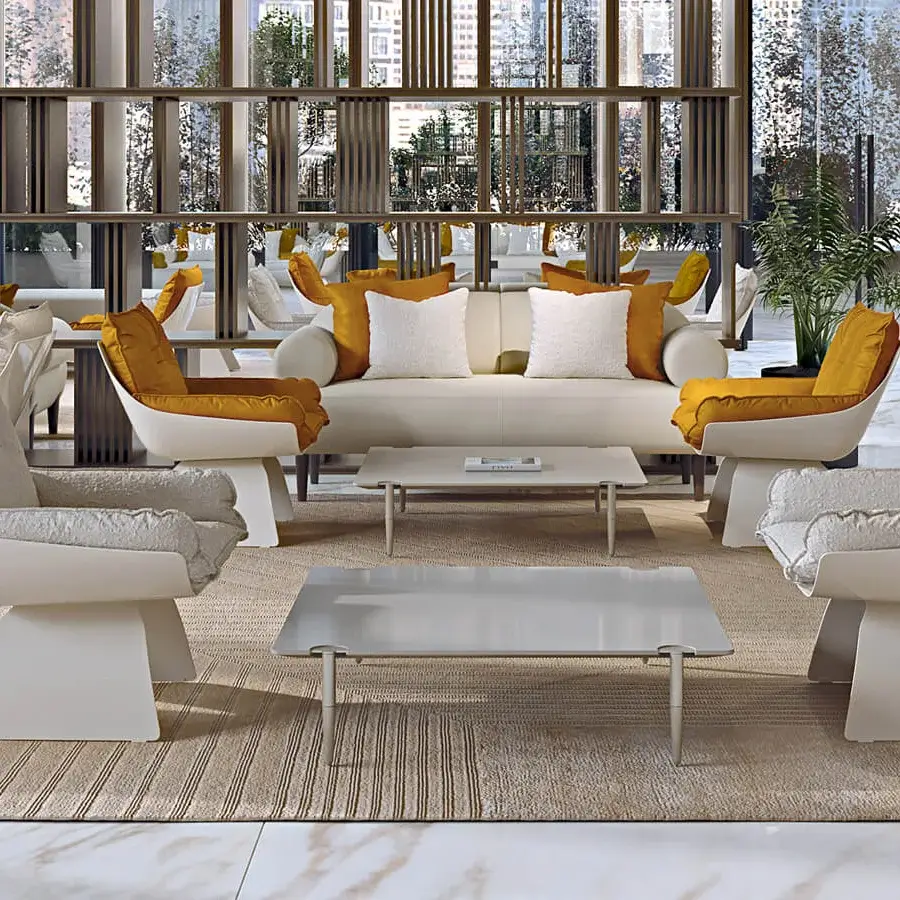 Stylish Turri Silhouette lounge chair with enveloping cream textile upholstery and glossy synthetic finish