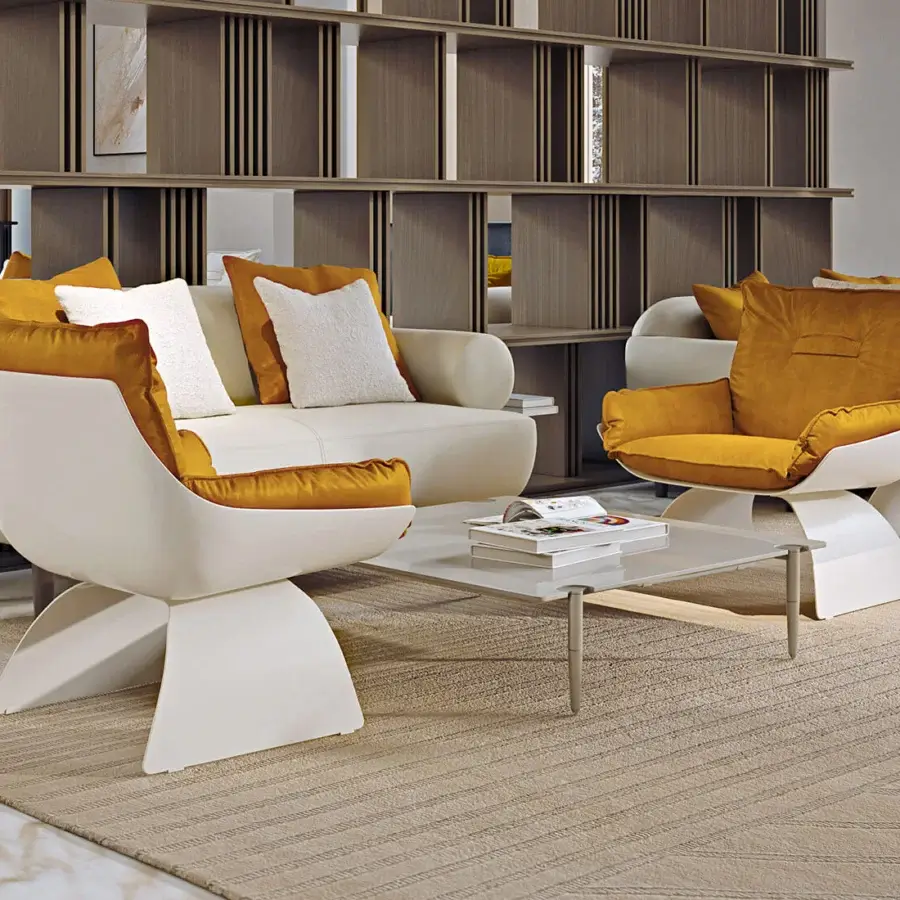 Sophisticated Turri Silhouette lounge chair in orange velvet with a glossy white frame crafted in Italy