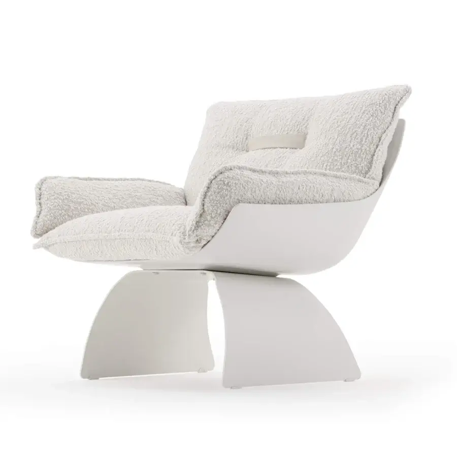 Superior Turri Silhouette lounge chair with enveloping lines upholstered in textured off-white textile and matte white base