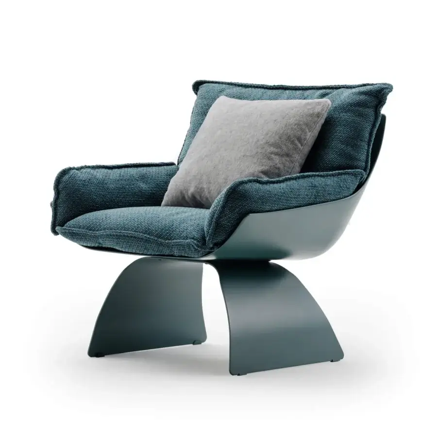 Exceptional Turri Silhouette lounge chair with textured teal fabric upholstery and dark teal pedestal base