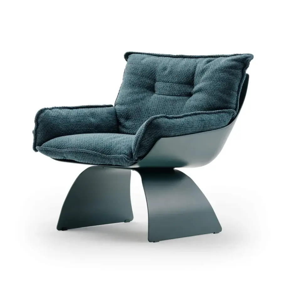 Stylish Turri Silhouette lounge chair with enveloping teal fabric cushions and matte metal base