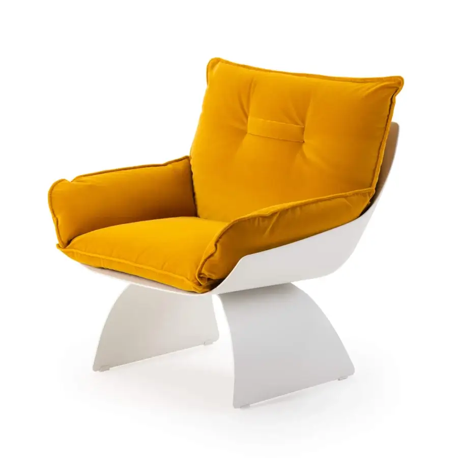 Elegant Turri Silhouette lounge chair with golden-yellow textile cushions and sculptural white base crafted in Italy