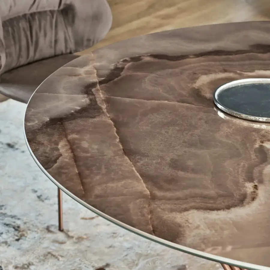 Exceptional Bontempi Fusion round table with swirling brown marble-like top and interwoven copper metal base